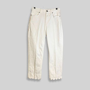 Wyse London Harper Straight Leg Jeans Scalloped Hem Mid Rise Cropped White W 2R